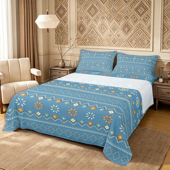 Castle Fairy Boho Tribal Pattern Bed Sheets 4-Piece,Geometric Floral Full Size Sheets,Blue Apricot Pale Cyan,1 Flat Sheet, 1 Fitted Sheet and 2 Pillowcases