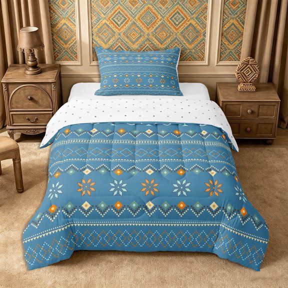 Castle Fairy Boho Tribal Pattern Twin Comforter Sets 2pcs,Geometric Floral Bedding Set,Blue Apricot Pale Cyan,Reversible,1 Comforter and 1 Pillowcase
