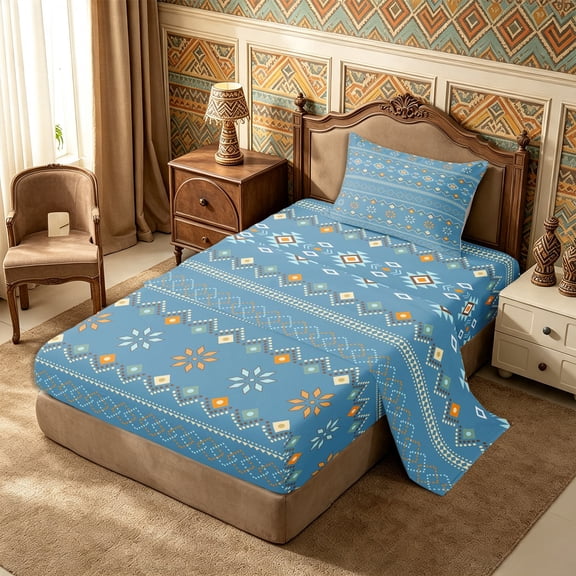 Castle Fairy Boho Tribal Pattern Twin Sheets 3pcs,Geometric Floral Bedding,Blue Apricot Pale Cyan,1 Flat Sheet, 1 Fitted Sheet and 1 Pillowcase