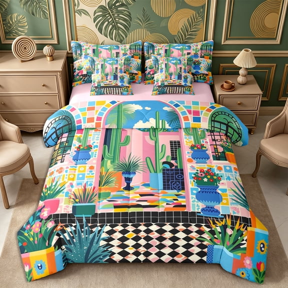Castle Fairy Boho Tropical Courtyard Full Size Bedding Sets 7 Pieces,Geometric Mosaic Motif Full Size Bed in a Bag,Pink Teal Orange,Reversible