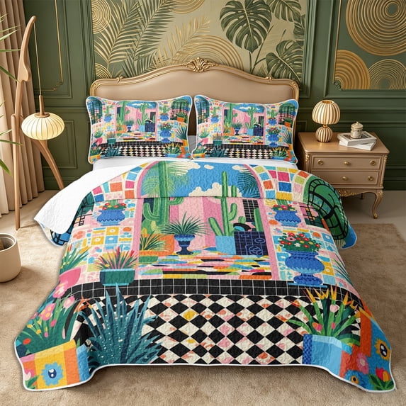 Castle Fairy Boho Tropical Courtyard Twin Quilt Set 2 Pieces,Geometric Mosaic Motif Twin Coverlet Set,Pink Teal Orange,1 Bedspread and 1 Pillowcase