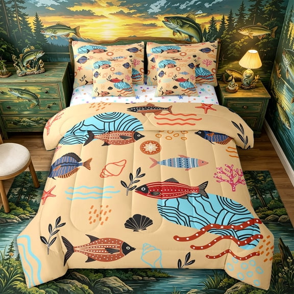 Castle Fairy Boho Tropical Fish Tile 7-Piece Twin Bedding,Coral Starfish Tan Seamless Print Bedding Comforter Set,Orange Cream,Reversible
