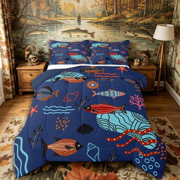 Castle Fairy Boho Tropical Fish Tile Queen Comforter Set 3 Pieces,Coral Starfish Navy Seamless Print Comforter Sets Queen,Rust Navy,Navy Blue Reversible,1 Comforter and 2 Pillowcases