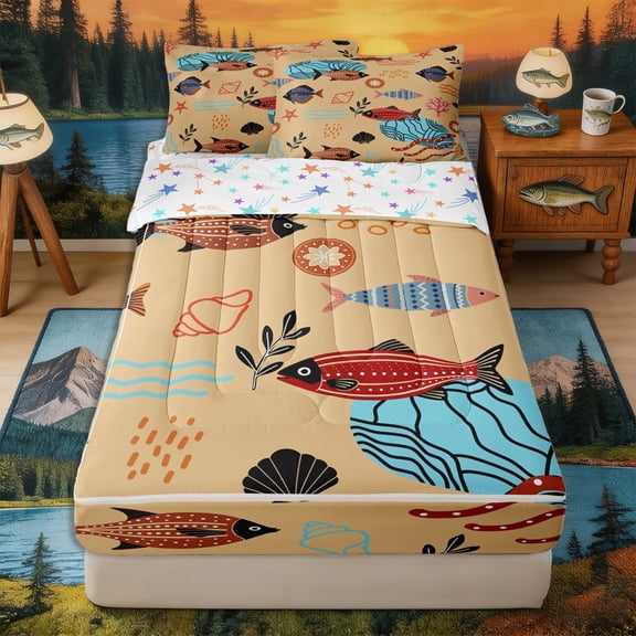 Castle Fairy Boho Tropical Fish Tile Zipper Twin Comforter Sets with Fitted Sheet and 2 Pillowcases,Coral Starfish Tan Seamless Print Zipper Bedding Set,Orange Cream,Reversible,4-Piece
