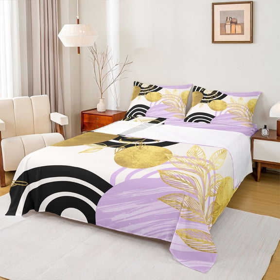 Castle Fairy Boho Tropical Leaf Bed Sheets 4pcs for Teens, Geometric Art King Sheets for Bedroom, Lavender Gold