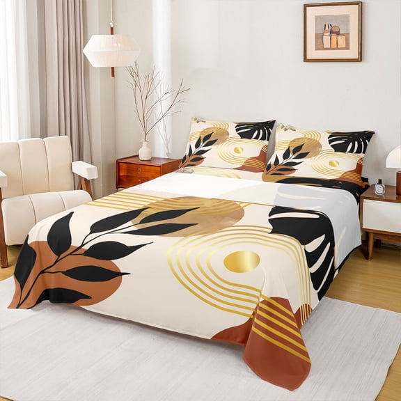 Castle Fairy Boho Tropical Leaf Bed Sheets 4pcs for Teens, Geometric Print King Sheets for Bedroom, Terracotta Gold