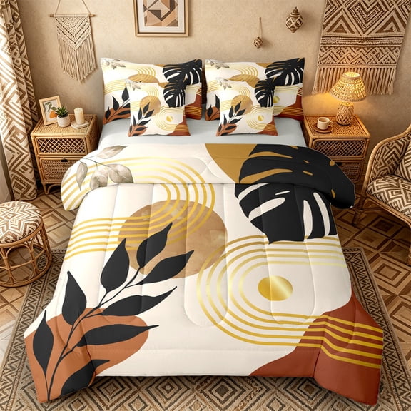 Castle Fairy Boho Tropical Leaf Bedding Comforter Set 7 Pieces for Teens, Geometric Print Full Bedding Set for Bedroom, Terracotta Gold,Grey Reversible