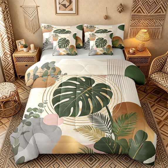 Castle Fairy Boho Tropical Leaf Bedding Comforter Set 7 Pieces for Teens, Abstract Art Full Bedding Set for Bedroom, Green Gold,Grey Reversible