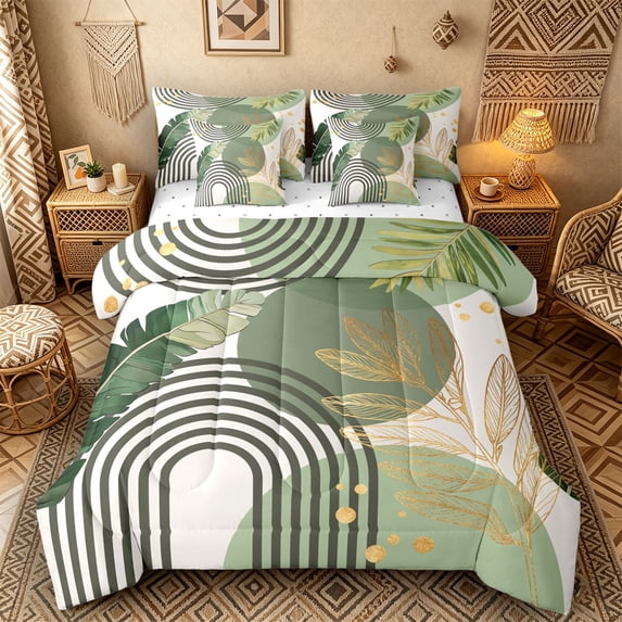 Castle Fairy Boho Tropical Leaf Bedding Comforter Set 7 Pieces for Teens, Geometric Art Full Bedding Set for Bedroom, Green Gold