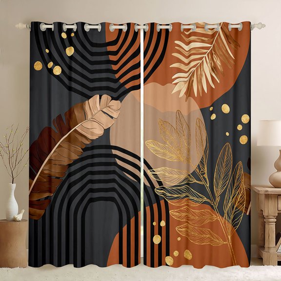 Castle Fairy Boho Tropical Leaf Black Out Curtains for Boys, Geometric Art Curtains Pack of 2 (42x63 Each) for Bedroom, Brown Gold