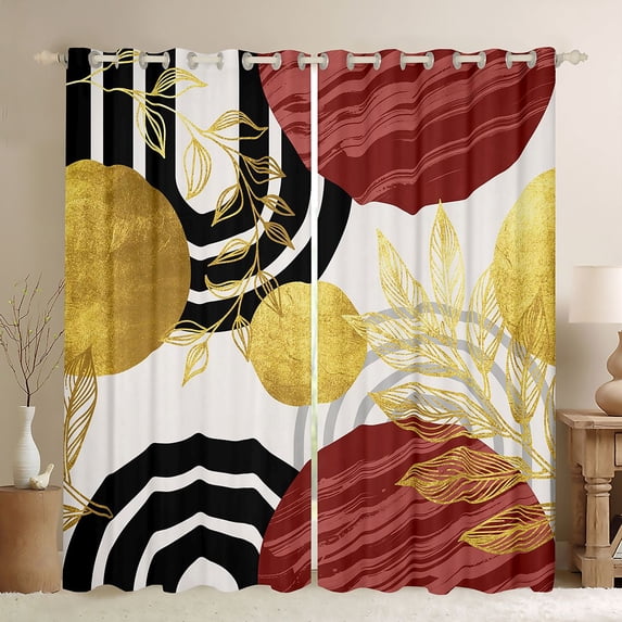 Castle Fairy Boho Tropical Leaf Black Out Curtains for Boys, Geometric Print Curtains Pack of 2 (42x63 Each) for Bedroom, Wine Red Gold