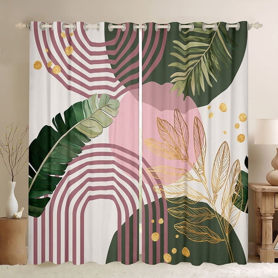 Castle Fairy Boho Tropical Leaf Black Out Curtains for Kids, Geometric Print Curtains Pack of 2 (42x63 Each) for Bedroom, Green Pink
