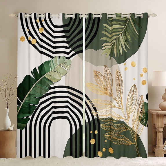 Castle Fairy Boho Tropical Leaf Blackout Curtains Set of 2 (52x84 Each) for Kids, Geometric Print Window Curtains for Bedroom, Green Black