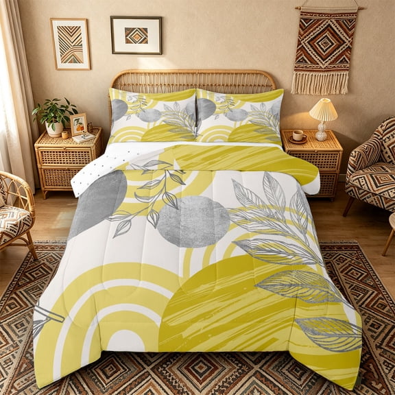 Castle Fairy Boho Tropical Leaf Full Size Comforter Sets 3 Pieces for Boys, Geometric Art Bedding Sets for Bedroom, Yellow Silver