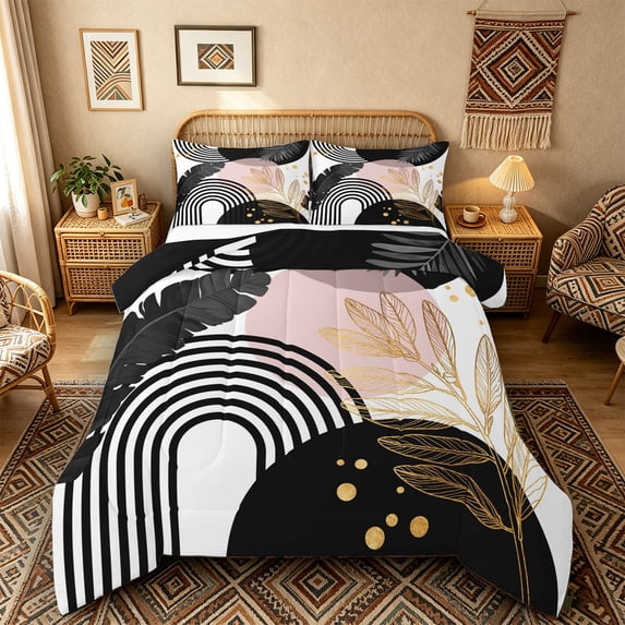 Castle Fairy Boho Tropical Leaf Full Size Comforter Sets 3 Pieces for Teens, Geometric Art Bedding Sets for Bedroom, Black Gold,Black Reversible