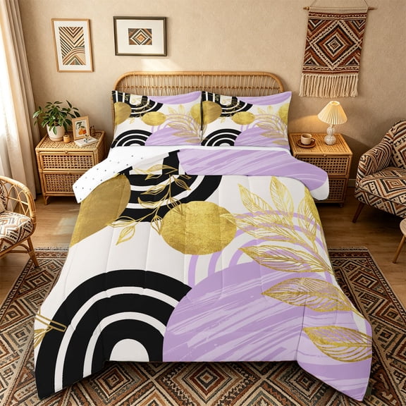 Castle Fairy Boho Tropical Leaf Full Size Comforter Sets 3 Pieces for Teens, Geometric Art Bedding Sets for Bedroom, Lavender Gold