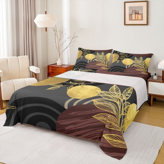 Castle Fairy Boho Tropical Leaf Full Size Sheets 4-Piece for Boys, Geometric Art Bed Sheets for Bedroom, Brown Gold