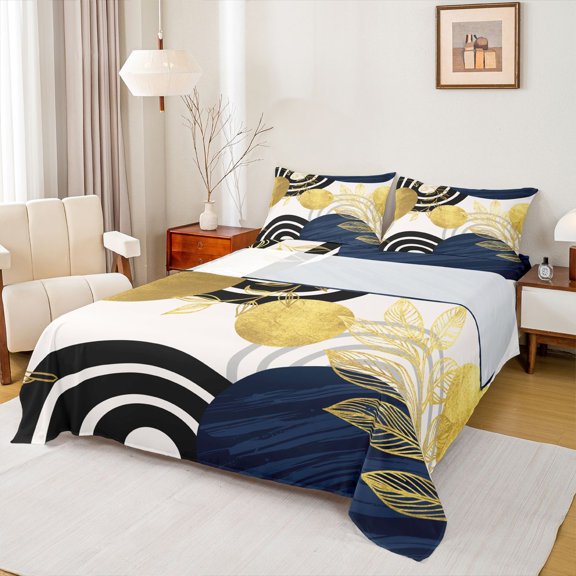 Castle Fairy Boho Tropical Leaf Full Size Sheets 4-Piece for Teens, Geometric Art Bed Sheets for Bedroom, Navy Yellow