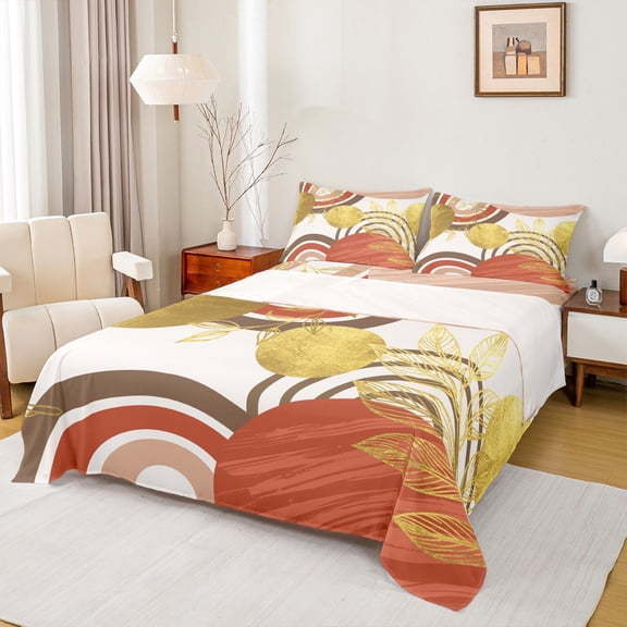 Castle Fairy Boho Tropical Leaf Full Size Sheets 4-Piece for Teens, Geometric Print Bed Sheets for Bedroom, Clay Brown Gold