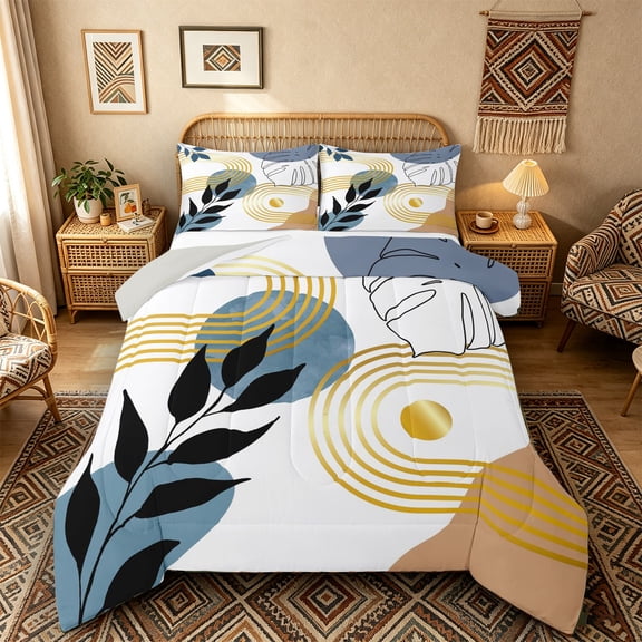 Castle Fairy Boho Tropical Leaf Queen Comforter Set 3pcs for Teens, Geometric Print Bedding Comforter Set for Bedroom, Blue Black,Grey Reversible