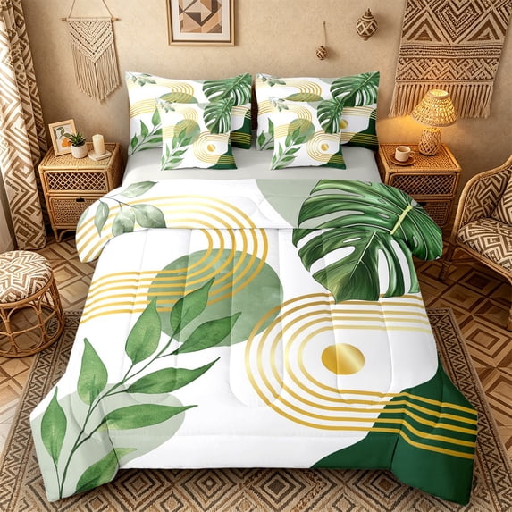 Castle Fairy Boho Tropical Leaf Twin Bedding Sets 7-Piece for Teens, Geometric Art Bedding Comforter Set for Bedroom, Green Gold,Grey Reversible