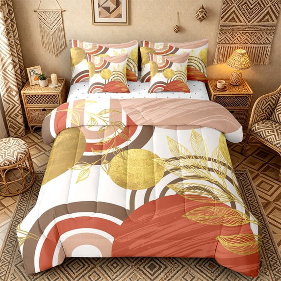 Castle Fairy Boho Tropical Leaf Twin Bedding Sets 7-Piece for Teens, Geometric Print Bedding Comforter Set for Bedroom, Clay Brown Gold