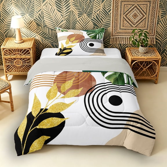 Castle Fairy Boho Tropical Leaf Twin Comforter Sets 3-Piece for Kids, Geometric Art Bedding Set for Bedroom, Green Gold,Grey Reversible