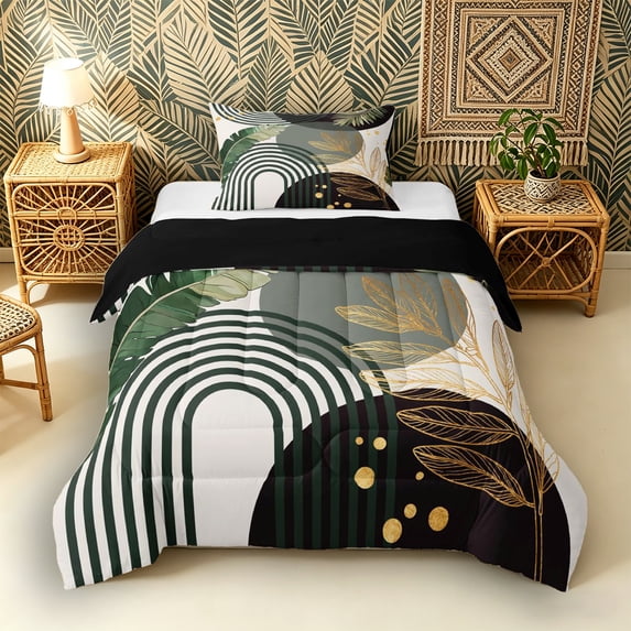 Castle Fairy Boho Tropical Leaf Twin Comforter Sets 3-Piece for Kids, Geometric Print Bedding Set for Bedroom, Green Black,Black Reversible