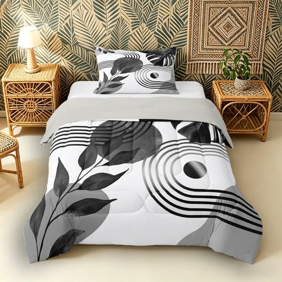 Castle Fairy Boho Tropical Leaf Twin Comforter Sets 3-Piece for Teens, Geometric Art Bedding Set for Bedroom, Black Gray,Grey Reversible