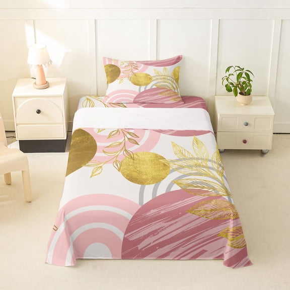Castle Fairy Boho Tropical Leaf Twin Sheet Sets 3pcs for Kids, Geometric Art Bedding for Bedroom, Blush Pink Cream