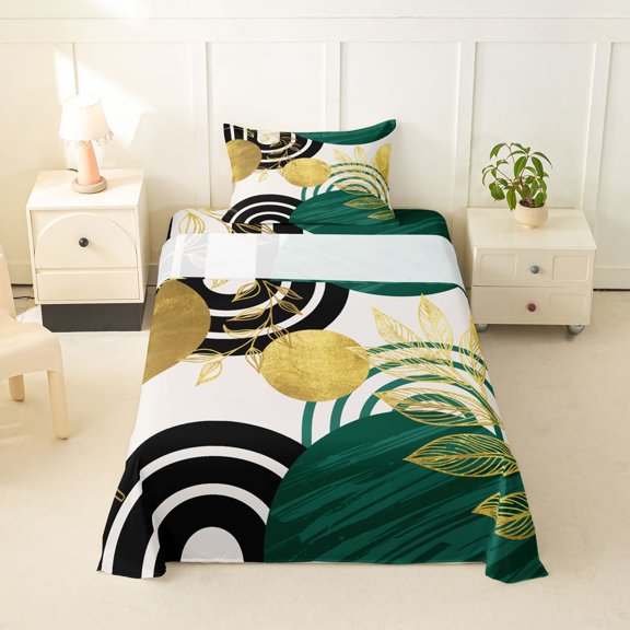 Castle Fairy Boho Tropical Leaf Twin Sheet Sets 3pcs for Teens, Geometric Art Bedding for Bedroom, Green Gold