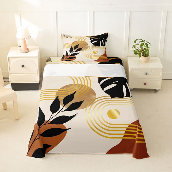 Castle Fairy Boho Tropical Leaf Twin Sheet Sets 3pcs for Teens, Geometric Print Bedding for Bedroom, Terracotta Gold
