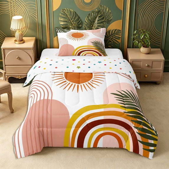 Castle Fairy Boho Tropical Leaves Twin Comforter Sets 2pcs,Bohemian Curved Stripes Bedding Set,Terracotta Pink Olive,Reversible,1 Comforter and 1 Pillowcase