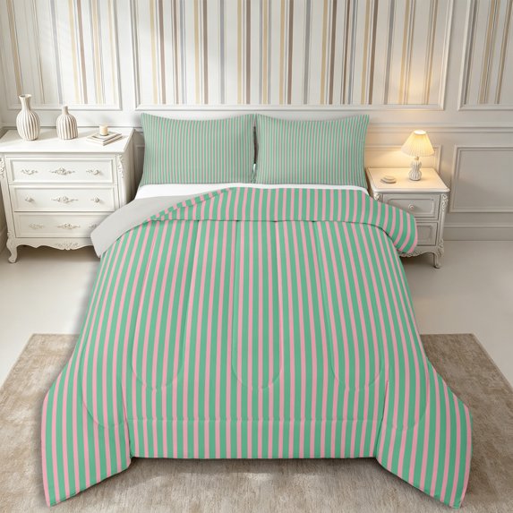 Castle Fairy Boho Vertical Line Queen Comforter Set 3 Pieces,Bohemian Thin Stripe Comforter Sets Queen,Mint Green Pink,Reversible,1 Comforter and 2 Pillowcases