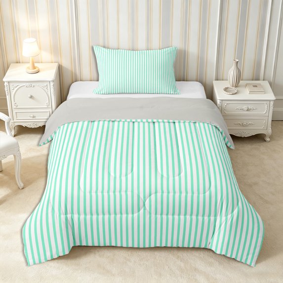 Castle Fairy Boho Vertical Line Twin Comforter Sets 2pcs,Bohemian Linear Motif Bedding Set,White Mint Teal,Reversible,1 Comforter and 1 Pillowcase