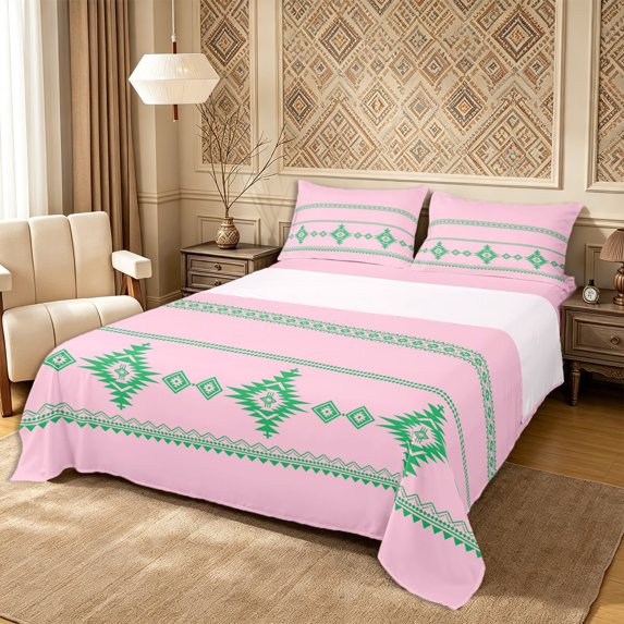 Castle Fairy Boho Vintage Aztec Queen Sheets 4 Pieces,Abstract Tribal Geometric Queen Sheet Sets,Mint Green Pink,1 Flat Sheet, 1 Fitted Sheet and 2 Pillowcases