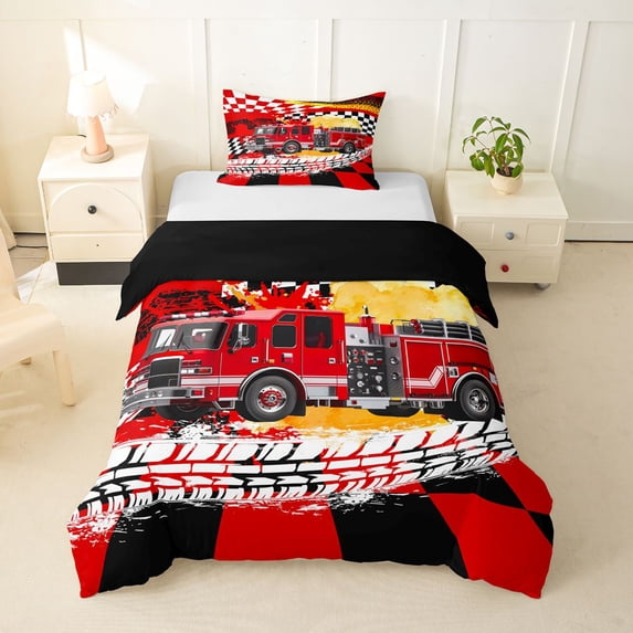 Castle Fairy Bold Fire Truck Twin Bedding for Kids, Bright Engine Graphic Duvet Cover Set for Modern Room, Red,Black Reversible,2pcs,No Comforter