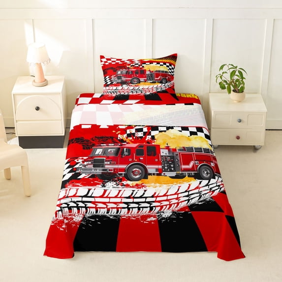 Castle Fairy Bold Fire Truck Twin Sheet Sets 3pcs for Kids, Bright Engine Graphic Bedding for Modern Room, Red