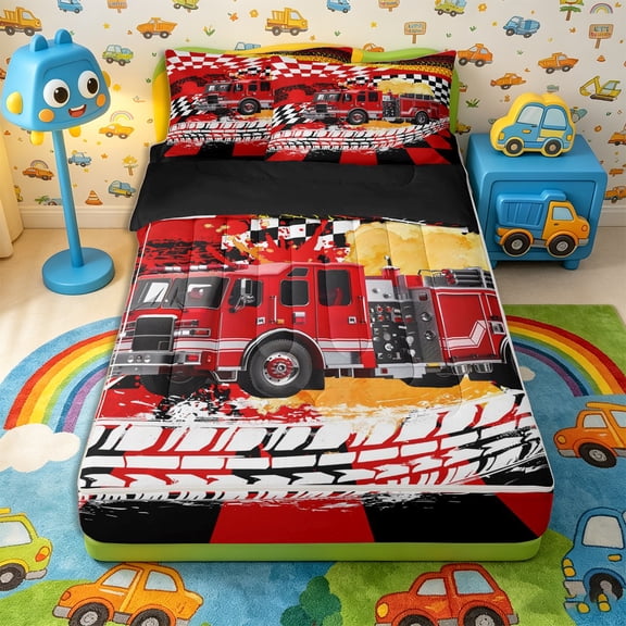 Castle Fairy Bold Fire Truck Zipper Full Size Comforter Sets with Fitted Sheet and 2 Pillowcases,Bright Engine Graphic Zipper Bedding Set for Bedroom,Red,4pcs,Black Reversible