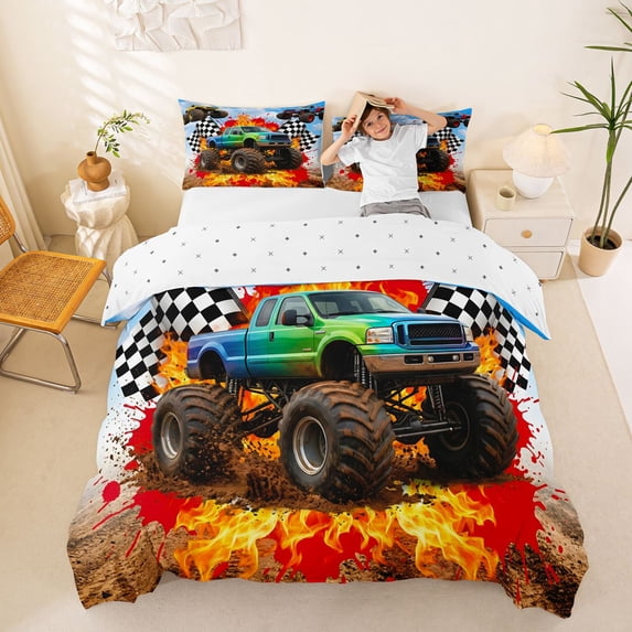 Castle Fairy Bold Monster Truck Queen Duvet Cover Set for Kids, Flame Flag Print Bedding for Modern Room, Orange Red Green,3-Piece,No Comforter