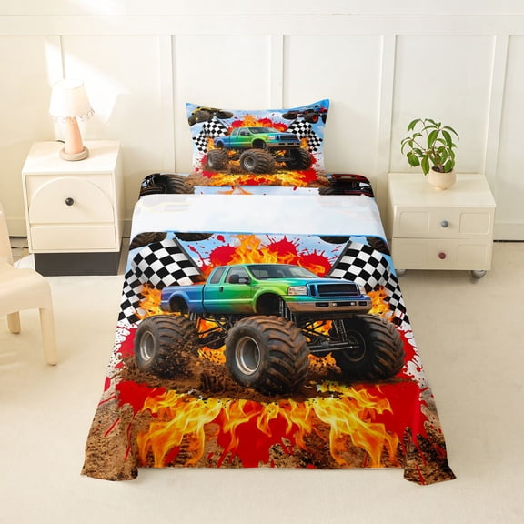 Castle Fairy Bold Monster Truck Twin Sheet Sets 3pcs for Kids, Flame Flag Print Bedding for Modern Room, Orange Red Green