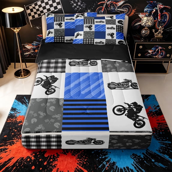 Castle Fairy Bold Motocross Zipper Twin Comforter Sets with Fitted Sheet and 2 Pillowcases,Plaid Stripe Print Zipper Bedding Set for Bedroom,Blue Black White,4-Piece,Black Reversible