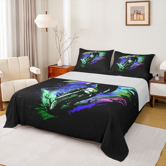 Castle Fairy Bold Off-road Bike Bed Sheets 4pcs for Kids, Ink Splash Detail King Sheets for Bedroom, Emerald Violet