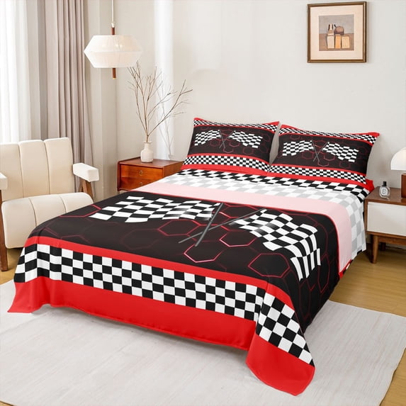 Castle Fairy Bold Racing Checkered Flag Queen Sheet Sets 4 Pieces for Teens, Neon Hexagon Race Art Bed Set for Bedroom, Red Black