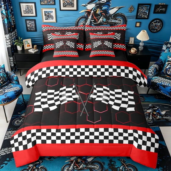 Castle Fairy Bold Racing Checkered Flag Twin Bedding Sets 7-Piece for Teens, Neon Hexagon Race Art Bedding Comforter Set for Bedroom, Red Black,Black Reversible
