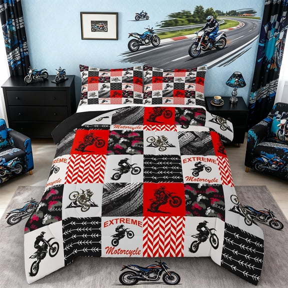 Castle Fairy Bold Red Motocross Queen Comforter Set 3pcs for Teens, Arrow Chevron Bike Bedding Comforter Set for Bedroom, Red Black,Black Reversible