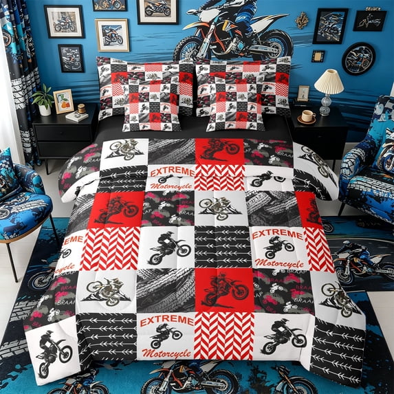 Castle Fairy Bold Red Motocross Twin Bedding Sets 7-Piece for Teens, Arrow Chevron Bike Bedding Comforter Set for Bedroom, Red Black,Black Reversible