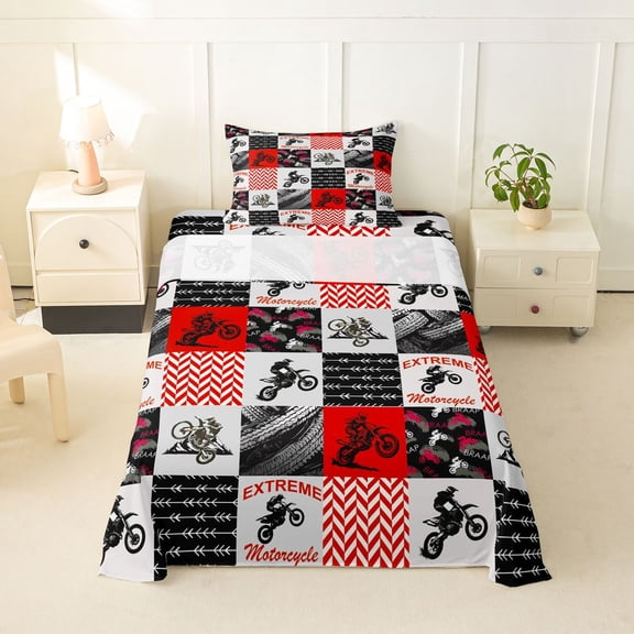 Castle Fairy Bold Red Motocross Twin Sheet Sets 3pcs for Teens, Arrow Chevron Bike Bedding for Bedroom, Red Black