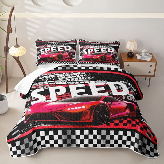 Castle Fairy Bold Red Sports Car Twin Quilt Set,Vivid Speedometer Tire Twin Coverlet Set,Red Black White