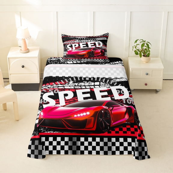 Castle Fairy Bold Red Sports Car Twin Sheet Sets 3pcs for Teens, Vivid Speedometer Tire Bedding for Dorm, Red Black White